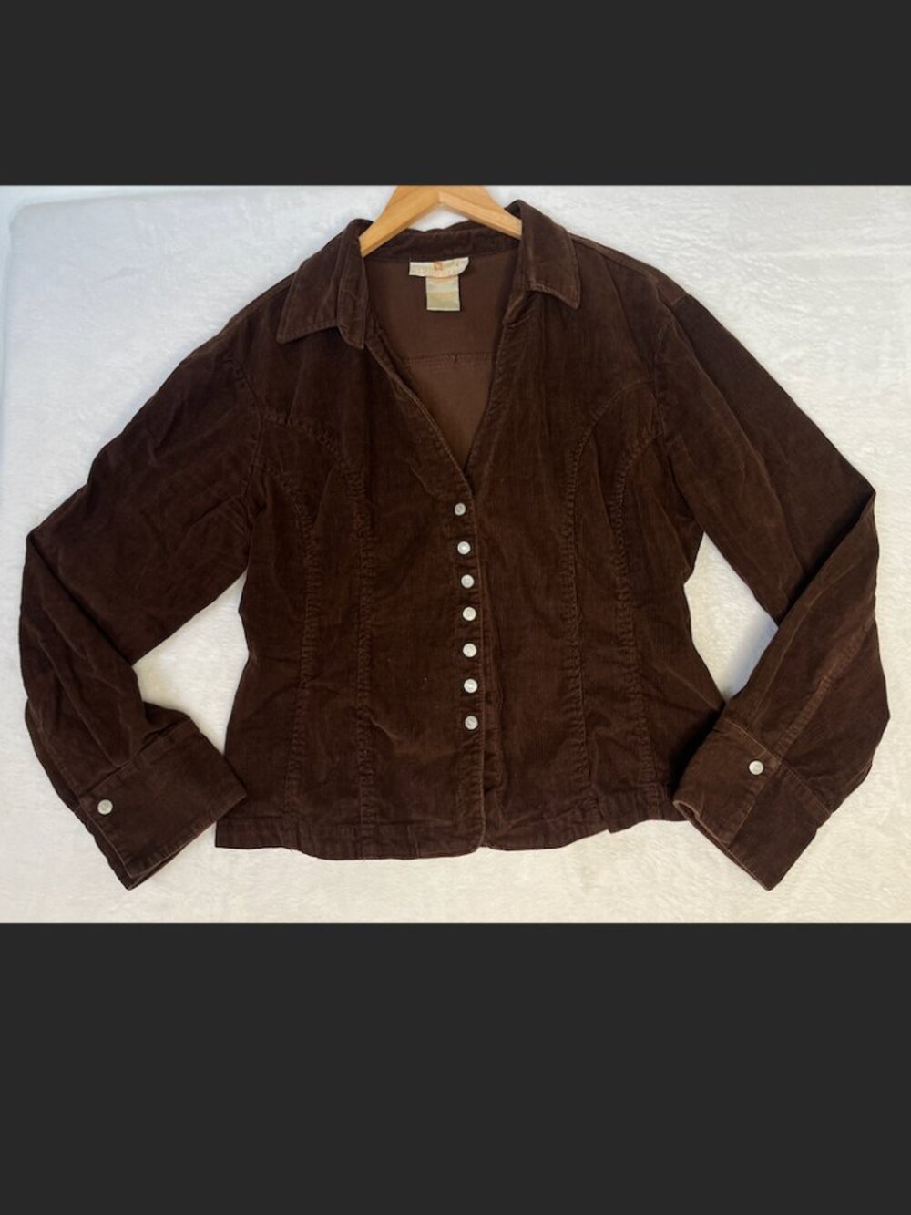 VTG 90s MetroWear Brown Corduroy Snapfront Blouse Sz L Gilmore Girls Boho Preppy